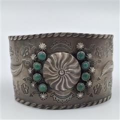 Vintage Fred Harvey Era 925 Sterling Silver Green Turquoise Cuff Bracelet *READ*